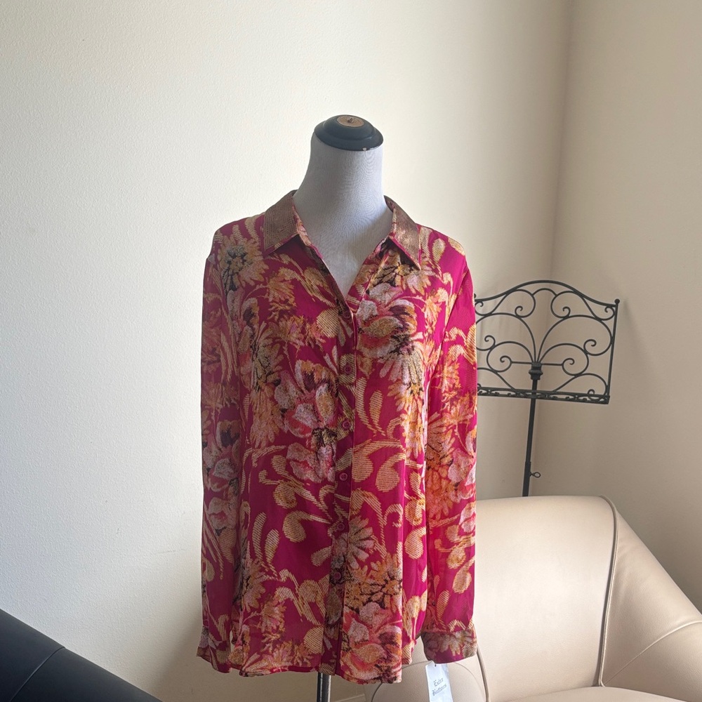 JM Collection Pink and Yellow Patterned Top ( New )
